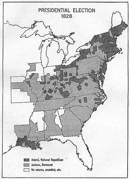 Associate Product USA. Monroe & Adams, 1817-1829. Presidential Election of 1828, sketch map 1942
