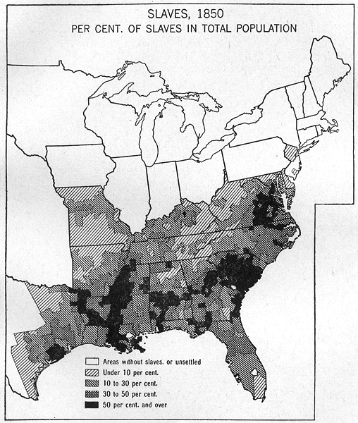 USA. Cotton Kingdom. Slaves as % total population 1850, sketch map 1942