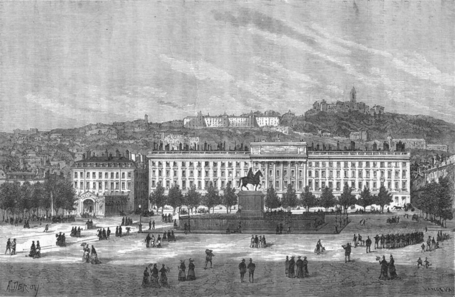 LYON. Avignon. La place Bellecour et le coteau de Fourvieres 1880 old print