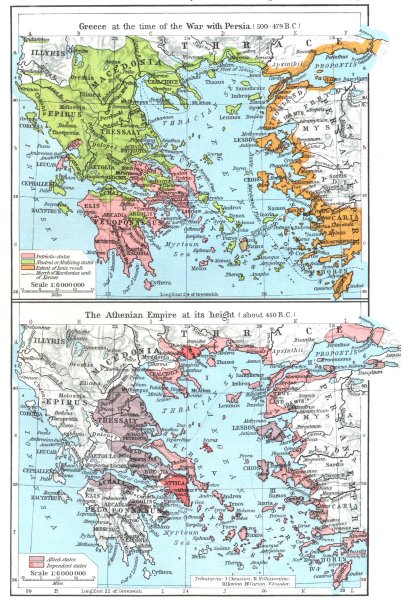 GREECE. At War with Iran(500-479 BC); Athenian Empire Height(about 1956 map