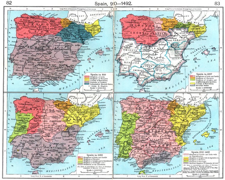 SPAIN. In 910; 1037; 1150; 1212-1492 1956 old vintage map plan chart
