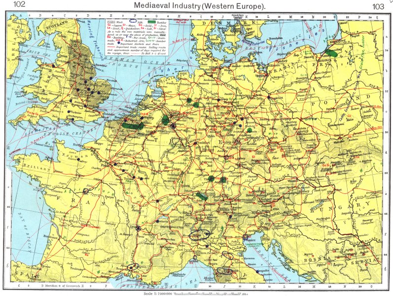 EUROPE. Mediaeval industry(Western Europe) 1956 old vintage map plan chart