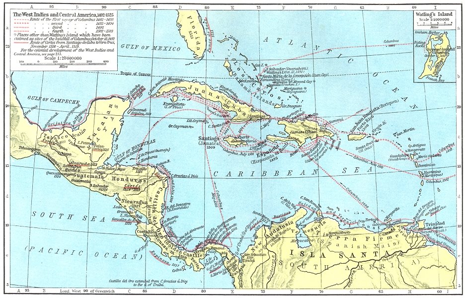 WEST INDIES. & Central America, 1492-1525; map of Watling's Island 1956