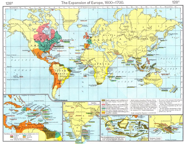 Associate Product EUROPEAN COLONISATION. 17C Guyana West Indies India Indonesia Guinea 1956 map