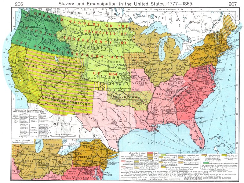 Associate Product USA. Slavery & Emancipation US 1777-1865; Region south of Great Lakes 1956 map