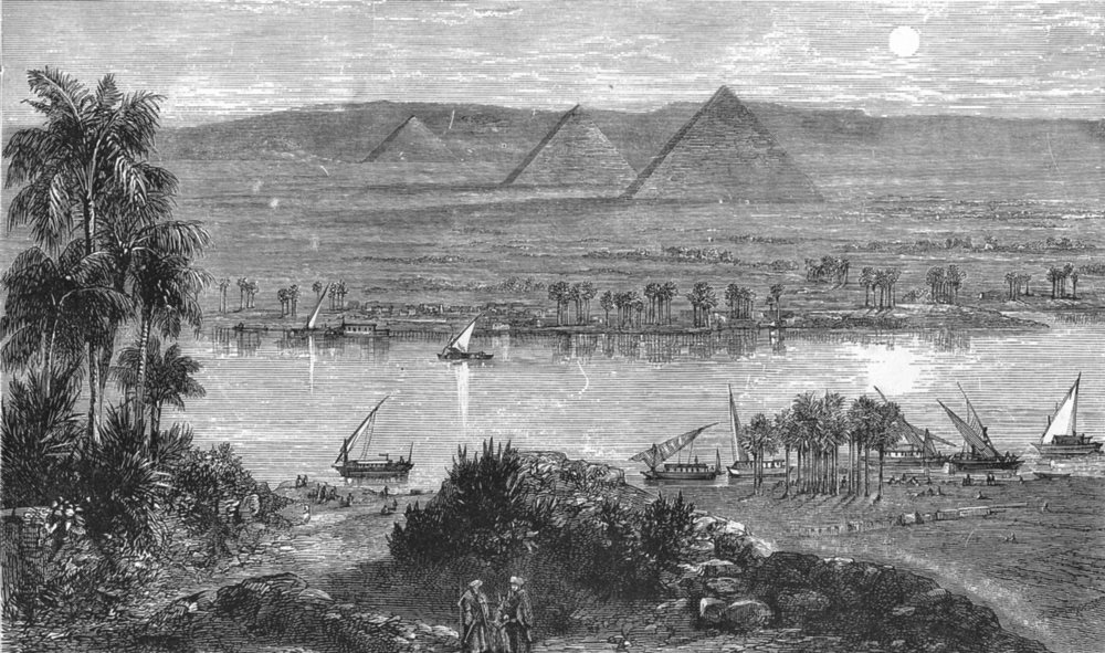 EGYPT. The Pyramids of Gizeh, from the East Bank of the Nile c1886 old print
