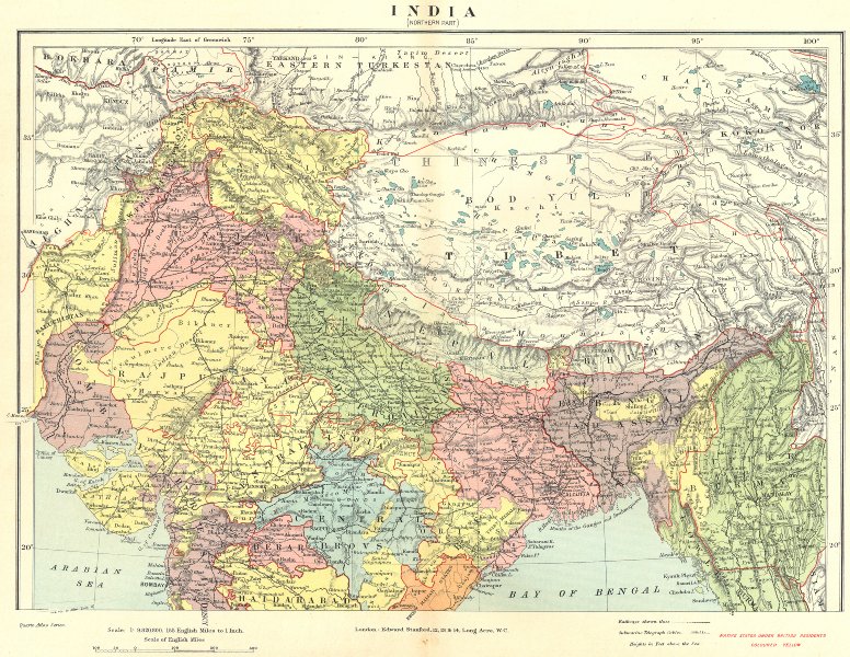 Associate Product NORTH BRITISH INDIA. Rajputana Punjab. Tibet Bhutan Nepal. STANFORD 1906 map