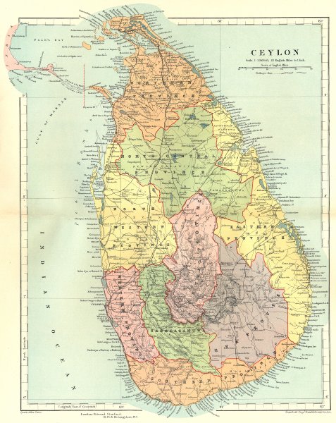 CEYLON. showing provinces & railways.  Sri Lanka. STANFORD 1906 old map