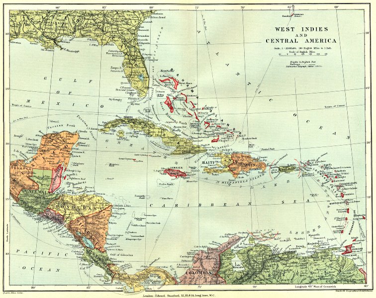 Associate Product CENTRAL AMERICA/WEST INDIES. shows Danish Antilles. STANFORD 1906 old map