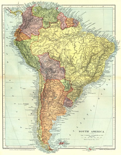 Associate Product SOUTH AMERICA. Political. STANFORD 1906 old antique vintage map plan chart