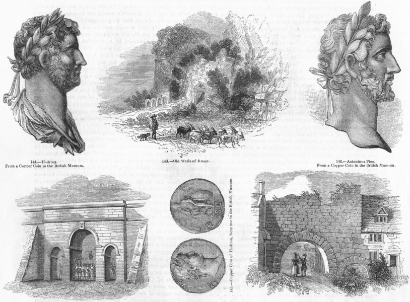 LINCOLN. Newport gate; Hadrian; Rome; Antoninus Pius 1845 old antique print