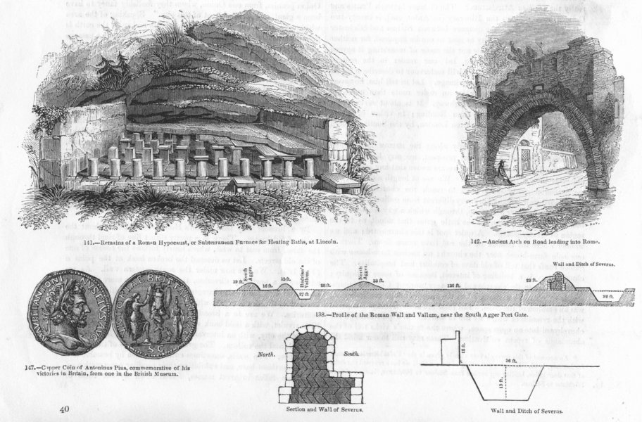 Associate Product ROMANS. LINColn. Roman Hypocaust(bath furnace)et al 1845 old antique print