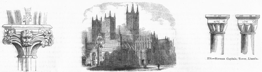Associate Product LINCOLN CATHEDRAL. Capital, turret, gable cross, nave 1845 old antique print