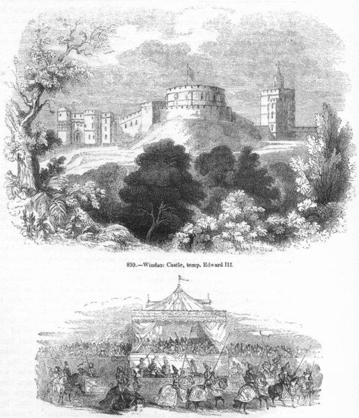 WINDSOR CASTLE. Edward IIIs time; Tournament Knights 1845 old antique print
