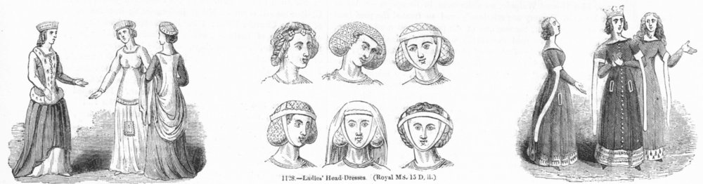 Associate Product FEMALE DRESS. 14th Century; Ladies Hair style 1845 old antique print picture