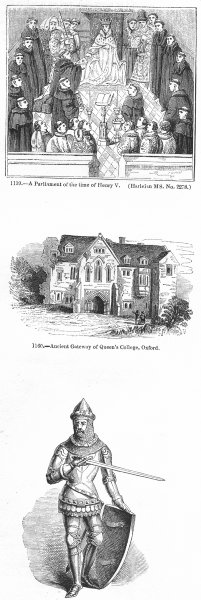 OXFORD. Queens College; Henry V parliament 1845 old antique print picture