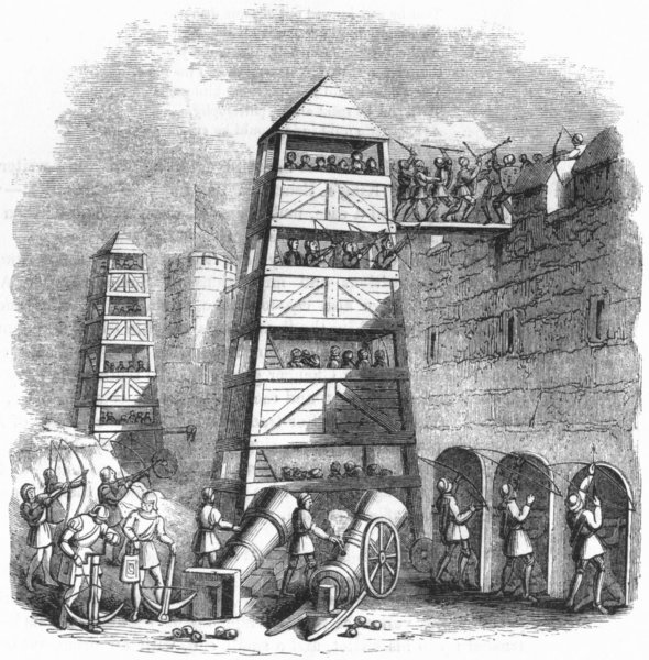 Associate Product SIEGES. Breach-Tower; Archer, pavison; cannon, crossbow 1845 old antique print
