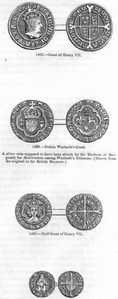 Associate Product HENRY VII COINS. Groat; Perkin Warbeck's; Penny 1845 old antique print picture