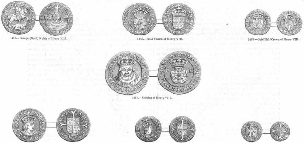 HENRY VIII COIN. George Noble; Shilling; Wolsey Groat 1845 old antique print
