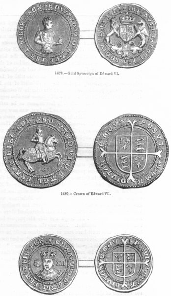 Associate Product KINGS. Gold Sovereign of Edward VI; Crown; Shilling 1845 antique print