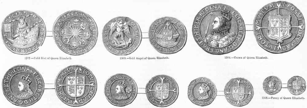 Associate Product COINS. Elizabeth I. Gold rial, Angel; Crown, Shilling 1845 antique print