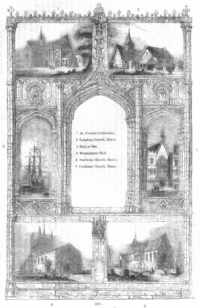 Associate Product CHURCHES. St Patrick's, Laindon, Stewkley, Cranham 1845 old antique print