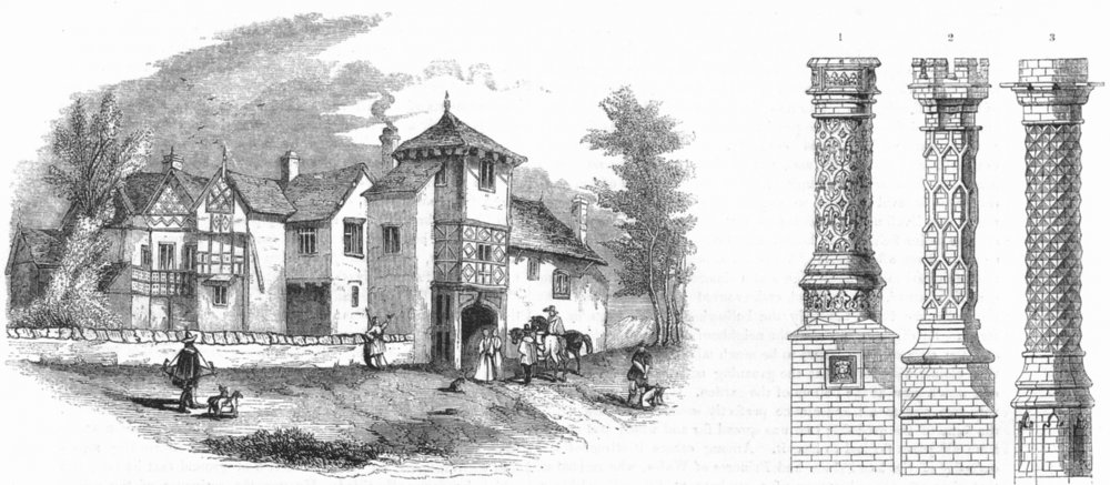 HULME HALL. &Chimneys-Barsham; Eton, Hampton Court 1845 old antique print