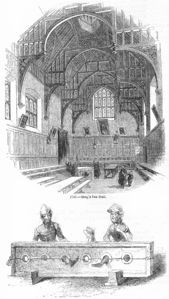 Associate Product LONDON. Gray's Inn Hall; Man & Woman in Stocks 1845 old antique print picture