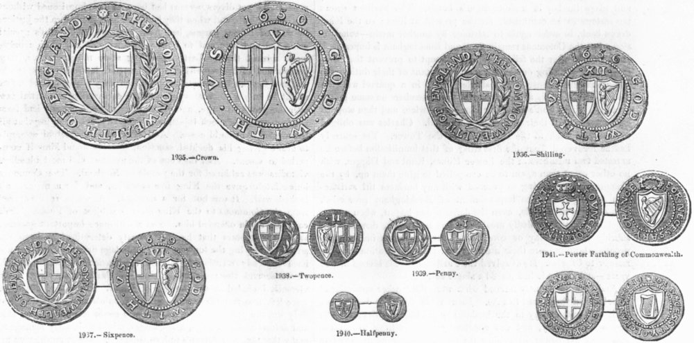 Associate Product COMMONWEALTH COINS. Inc Crown; Shilling; Sixpence 1845 old antique print