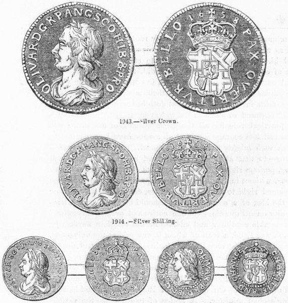 OLIVER CROMWELL. Crown; Shilling; Sixpence; Farthing 1845 old antique print