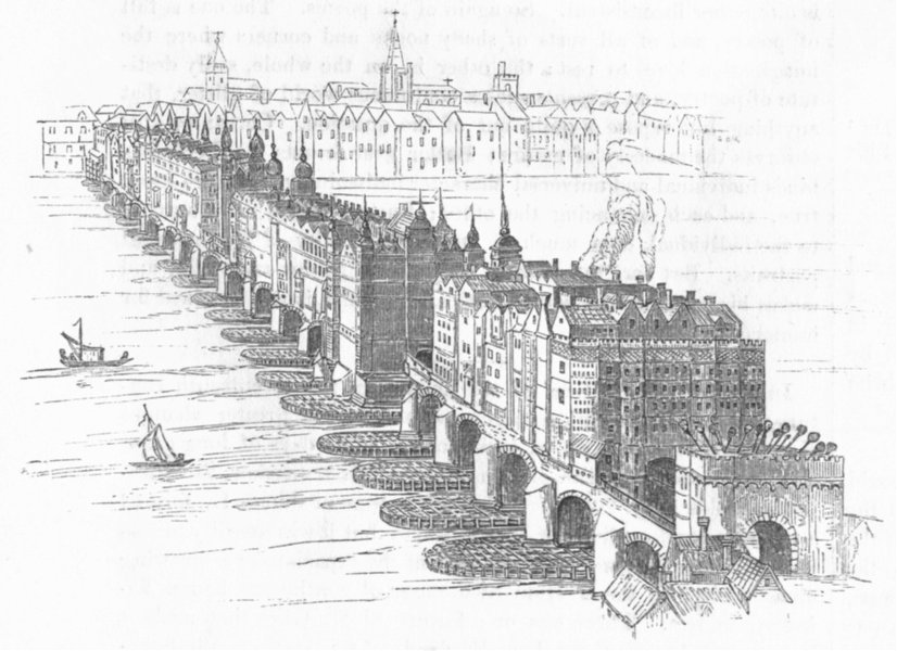 LONDON. London Bridge c1616 1845 old antique vintage print picture