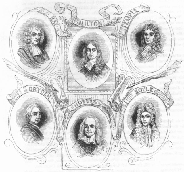 Associate Product PORTRAITS. Milton, Ray, Temple, Dryden, Hobbes, Boyle 1845 old antique print
