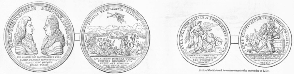 Associate Product MEDAL. Blenheim(Eugene, Marlborough); Lille surrender 1845 old antique print