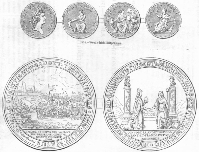Associate Product COINS. Wood's Irish Halfpenny; Medal. Ramilies 1845 old antique print picture