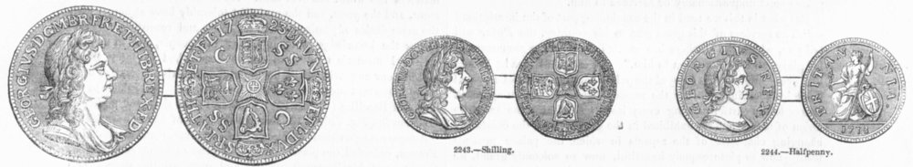 Associate Product COINS. To of George I. Crown; Shilling; Halfpenny 1845 old antique print