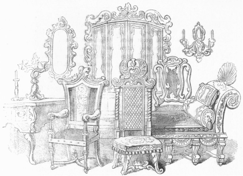 FURNITURE. Sofa, chairs, cabinet; William III & Anne 1845 old antique print
