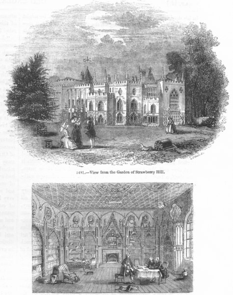 LONDON. View Garden of Strawberry Hill; Library  1845 old antique print