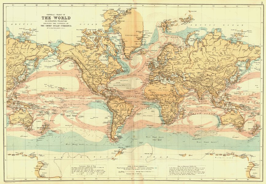 WORLD. Mercator projection. Ocean currents/flow rates/temp. BLACKIE 1893 map
