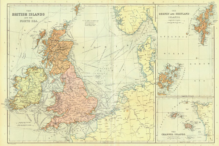 BRITISH ISLES & NORTH SEA. Orkney Shetland & Channel islands. BLACKIE 1893 map