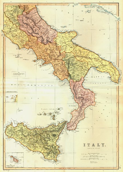 ITALY SOUTH. Shows railways. Scale Italian Miles Post Leagues.BLACKIE 1893 map