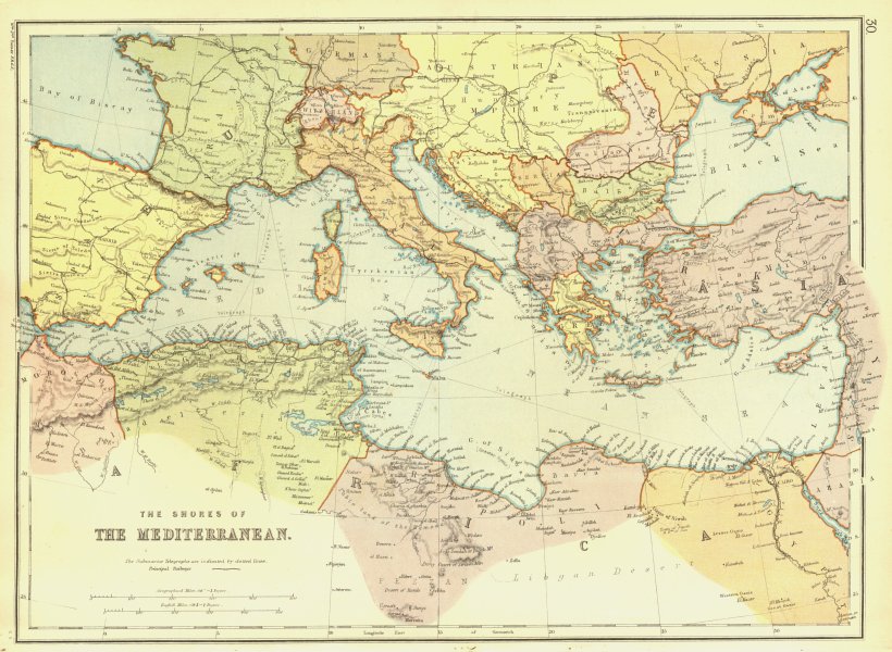SHORES OF THE MEDITERRANEAN. Including telegraph routes. BLACKIE 1893 old map