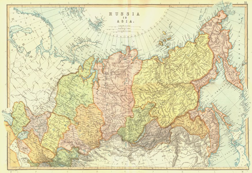 ASIAN RUSSIA. Siberia. Provinces.Scale in Russian Versts. BLACKIE 1893 old map