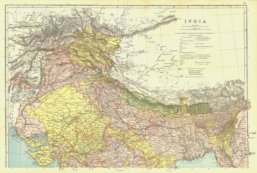 BRITISH INDIA NORTH. Nepal Bhutan. Native states. Railways. BLACKIE 1893 map