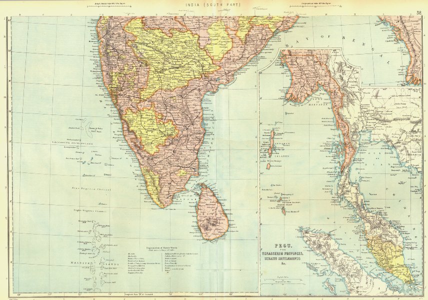BRITISH INDIA SOUTH.Ceylon Maldives Pegu Tenasserim Singapore.BLACKIE 1893 map
