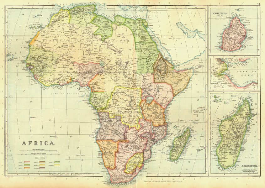 COLONIAL AFRICA. Mauritius Madagascar Aden/Gulf of Tajura. BLACKIE 1893 map