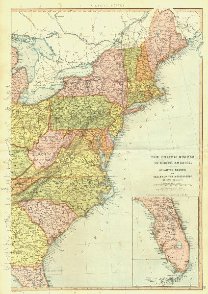 USA Eastern Seaboard. FL NC SC NY NJ VA CT DE MD PA WV. BLACKIE 1893 old map