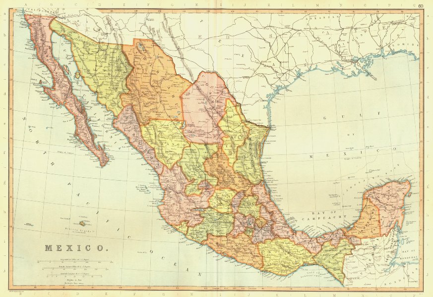 MEXICO. showing states & railways. BLACKIE 1893 old antique map plan chart