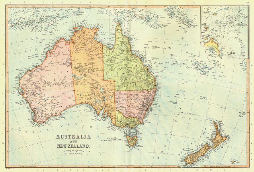 AUSTRALIA & NEW ZEALAND. showing states. Inset Torres Strait. BLACKIE 1893 map