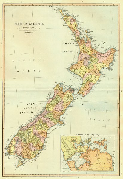 NEW ZEALAND. Counties. Railways. Inset Environs of Auckland. BLACKIE 1893 map