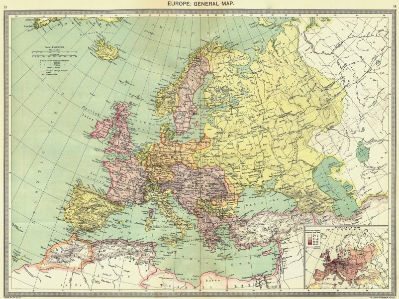 EUROPE. European. General Map; Inset map of Population map 1907 old